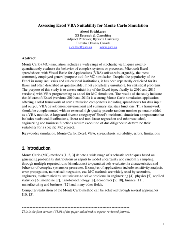 (PDF) Assessing Excel VBA Suitability for Monte Carlo Simulation