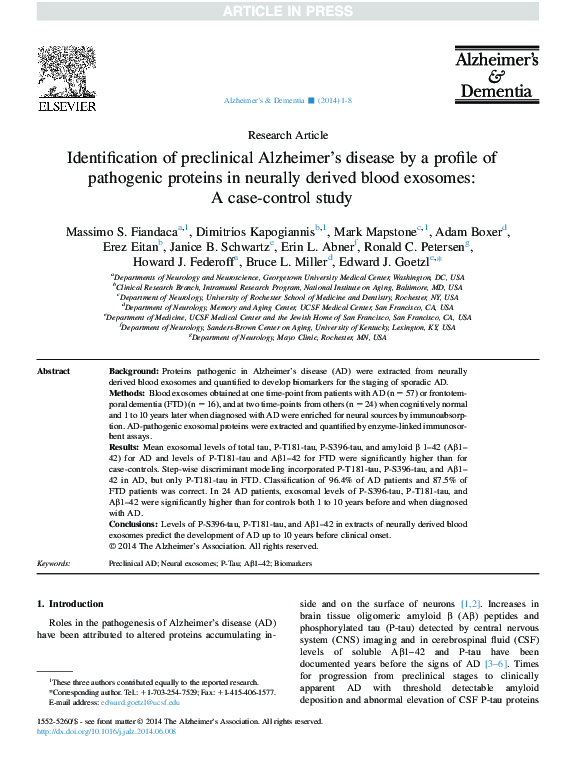 (PDF) Identification of preclinical Alzheimer's disease by a profile of