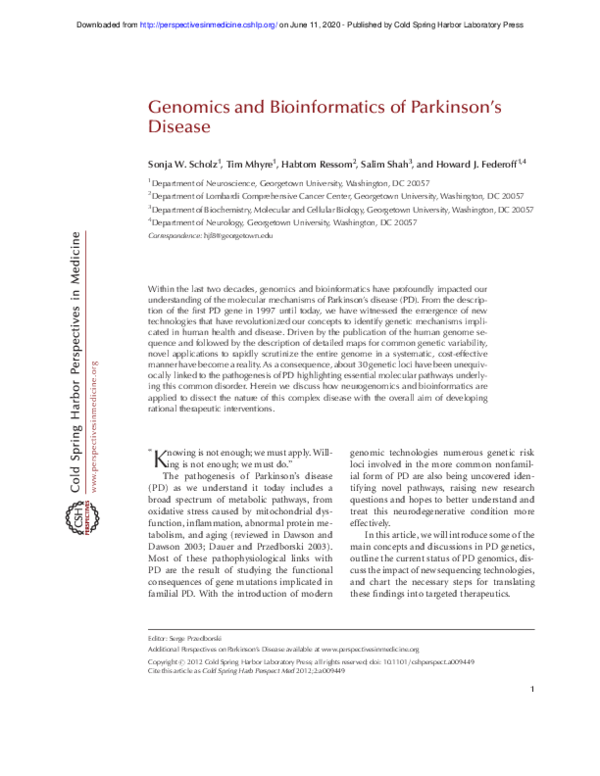 (PDF) Genomics and bioinformatics of Parkinson's disease Howard
