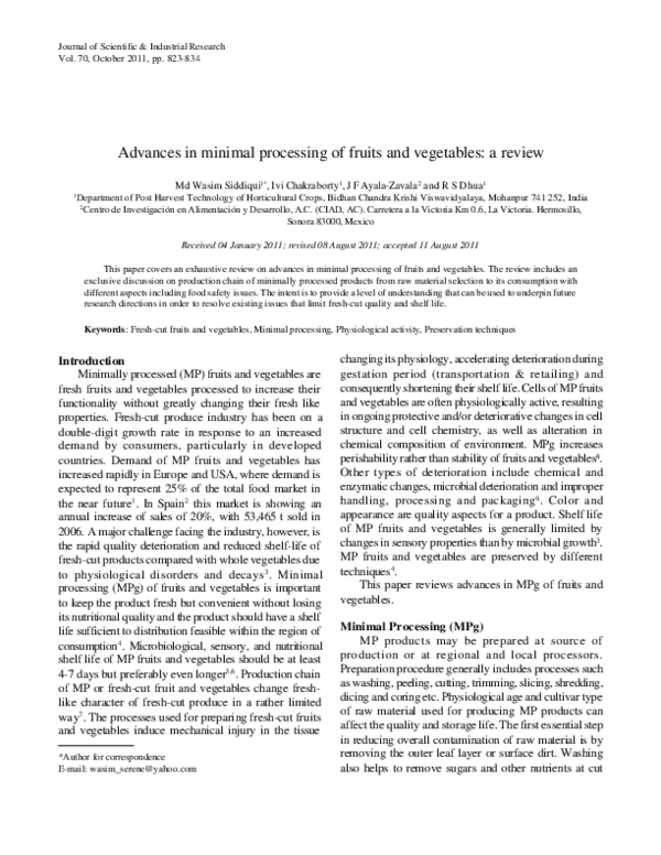 (PDF) Advances in minimal processing of fruits and vegetables a review