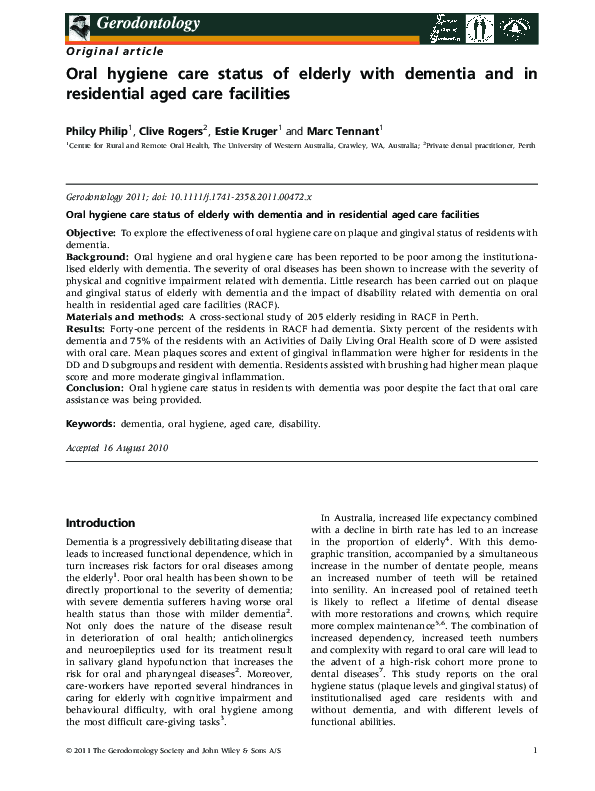 (PDF) Oral hygiene care status of elderly with dementia and in