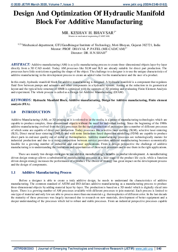 (PDF) Design and Optimization of Hydraulic Manifold Block for Additive