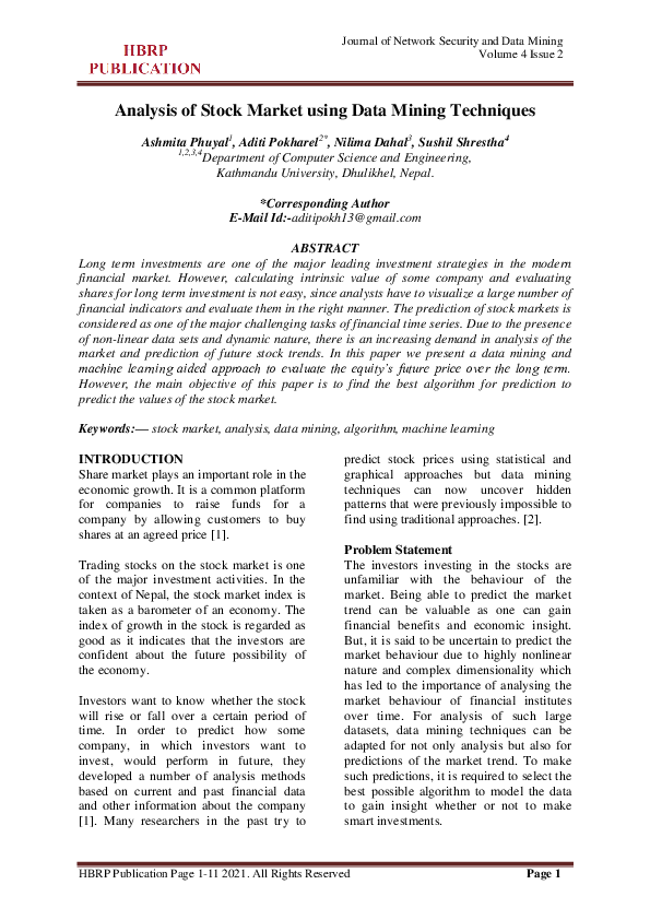 (PDF) Analysis of Stock Market using Data Mining Techniques