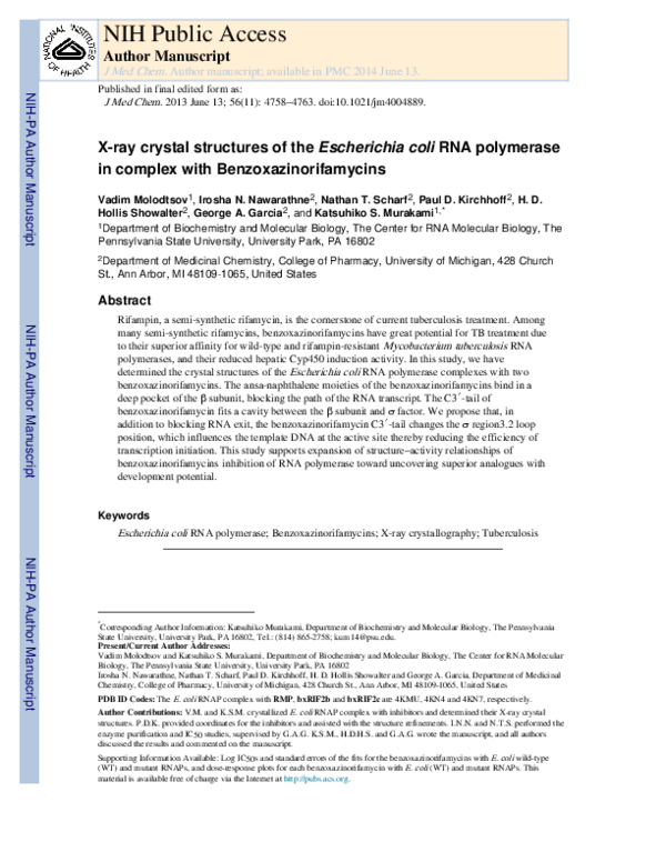 (PDF) X-ray Crystal Structures of the Escherichia coli RNA Polymerase ...