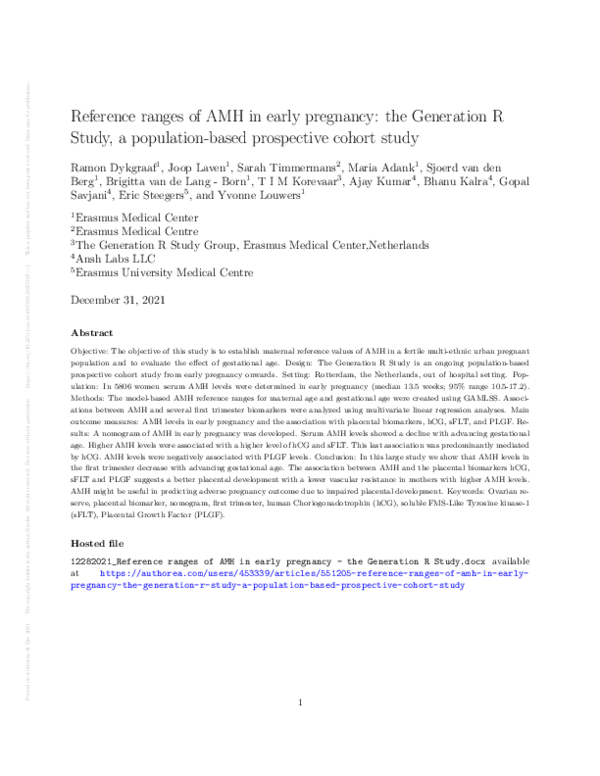(PDF) Reference ranges of AMH in early pregnancy: the Generation R ...