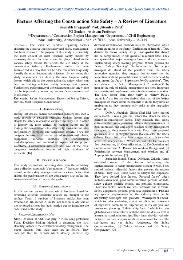 (PDF) Factors Affecting the Construction Site Safety – A Review of ...
