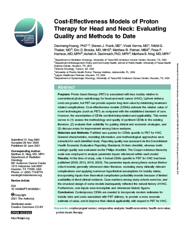(PDF) Cost-Effectiveness Models of Proton Therapy for Head and Neck ...