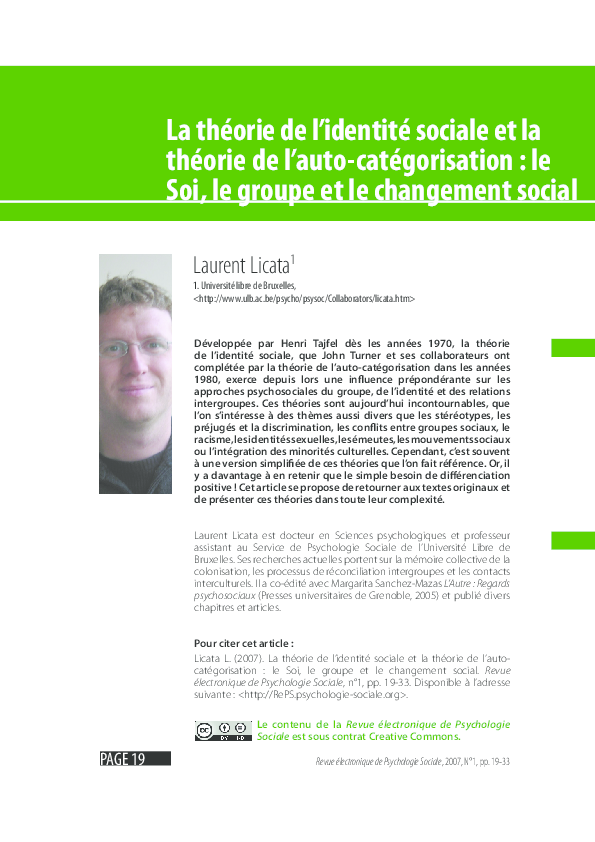 (PDF) «La théorie de l'identité sociale et la théorie de l ...