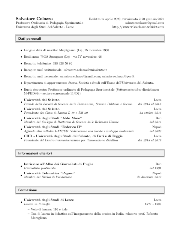 (PDF) Curriculum vitae di Salvatore Colazzo (aggiornato al 12 aprile