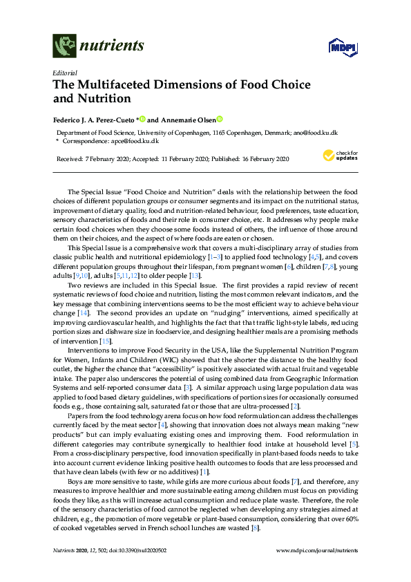(PDF) The Multifaceted Dimensions of Food Choice and Nutrition