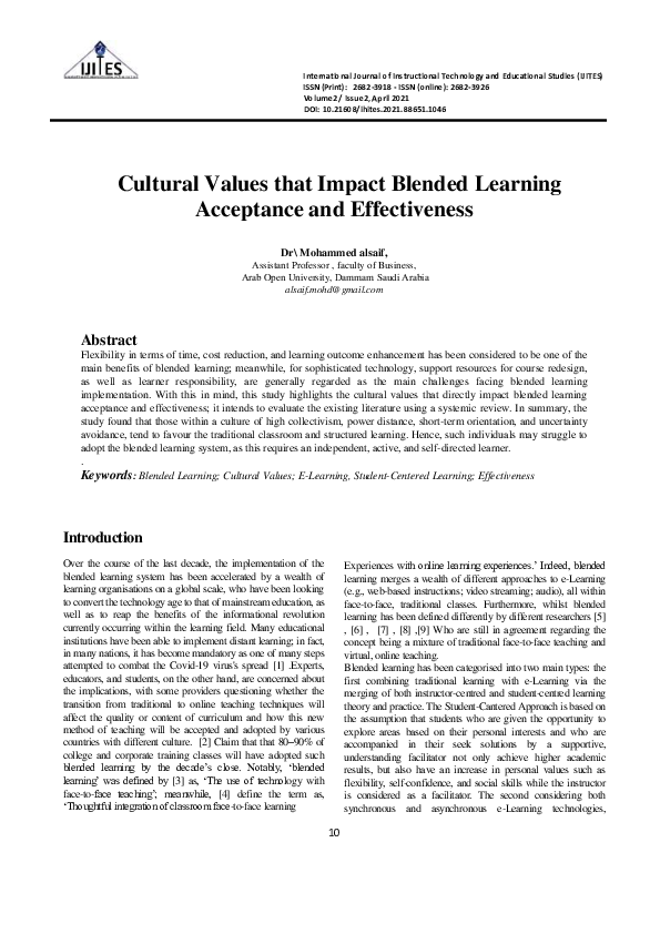 (PDF) Cultural Values that Impact Blended Learning Acceptance and ...