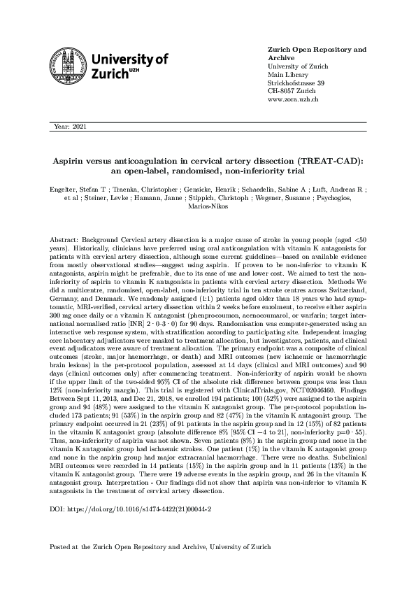 (PDF) Aspirin versus anticoagulation in cervical artery dissection