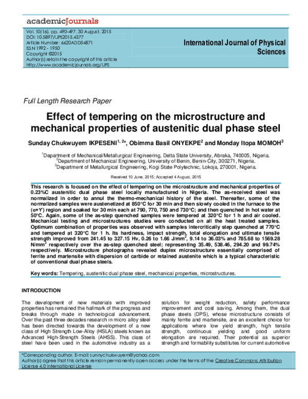 (PDF) Effect of tempering on the microstructure and mechanical ...