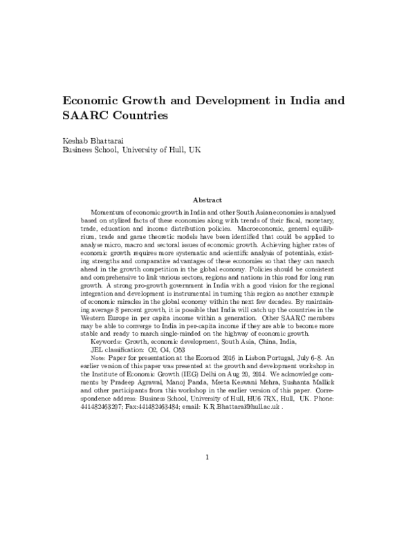 (PDF) Economic Growth and Development in India and SAARC Countries