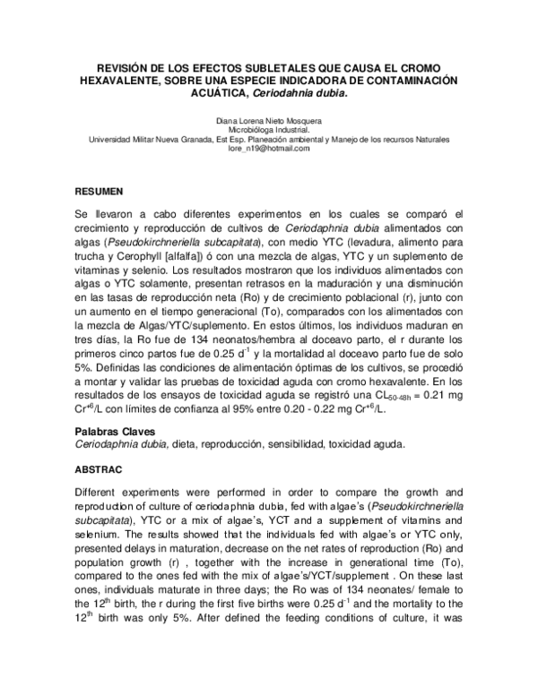Revisión de los efectos subletales que causa el cromo hexavalente, sobre una especie indicadora de contaminación acuática, Ceriodahnia dubia