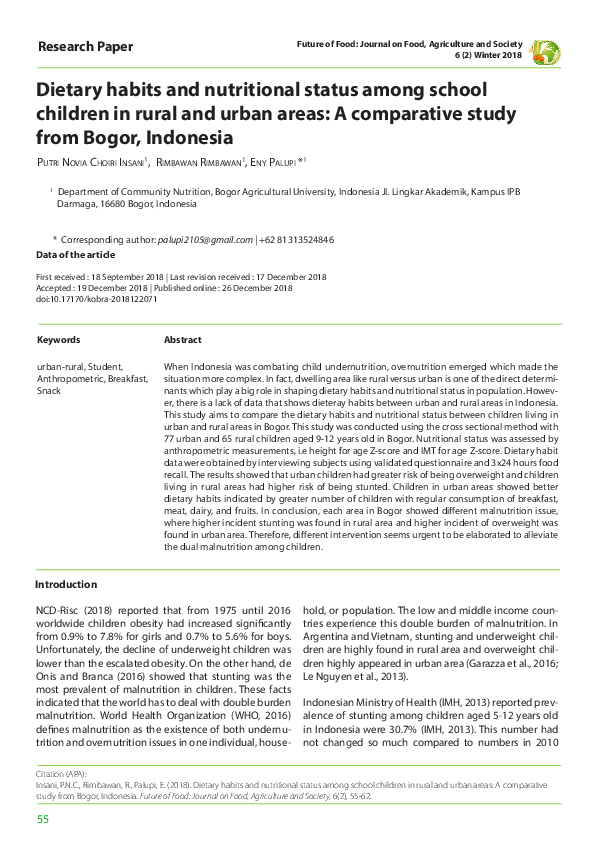 (PDF) Dietary habits and nutritional status among school children in ...