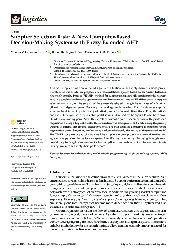 Pdf Supplier Selection Risk A New Computer Based Decision Making