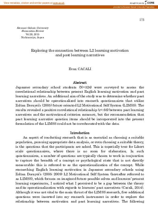 (PDF) Exploring the connection between L2 learning motivation and past ...