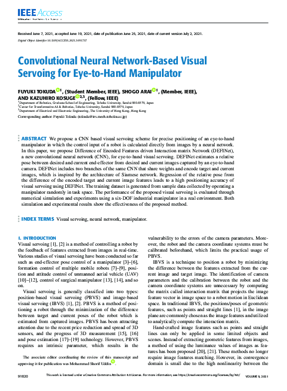 (PDF) Convolutional Neural NetworkBased Visual Servoing for Eyeto