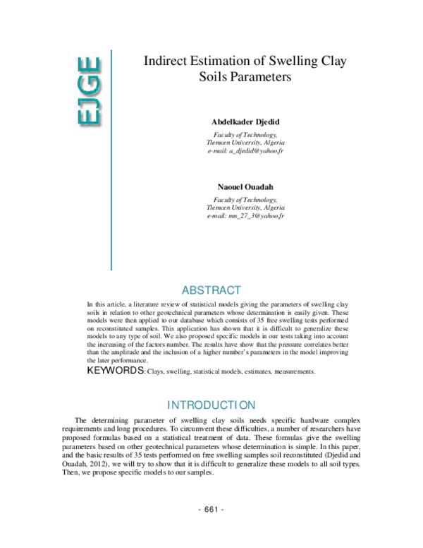 (PDF) Indirect Estimation of Swelling Clay Soils Parameters