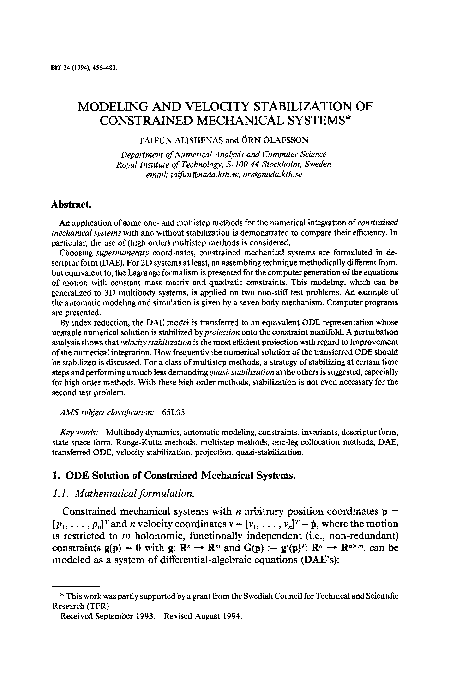(PDF) Modeling and velocity stabilization of constrained mechanical systems