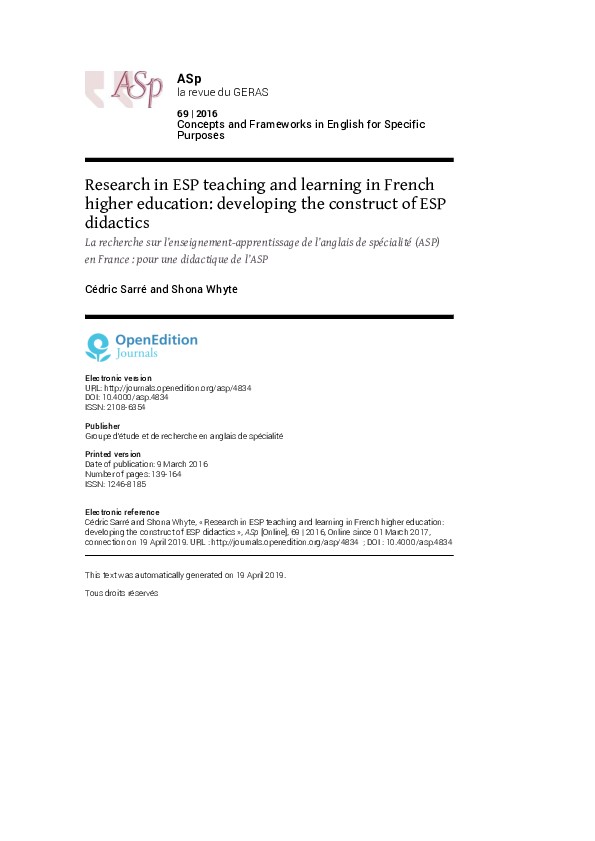(PDF) Research in ESP teaching and learning in French higher education ...