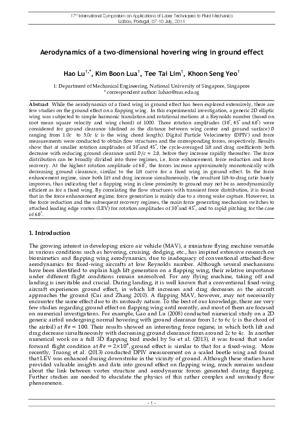 (PDF) Aerodynamics of a two-dimensional hovering wing in ground effect