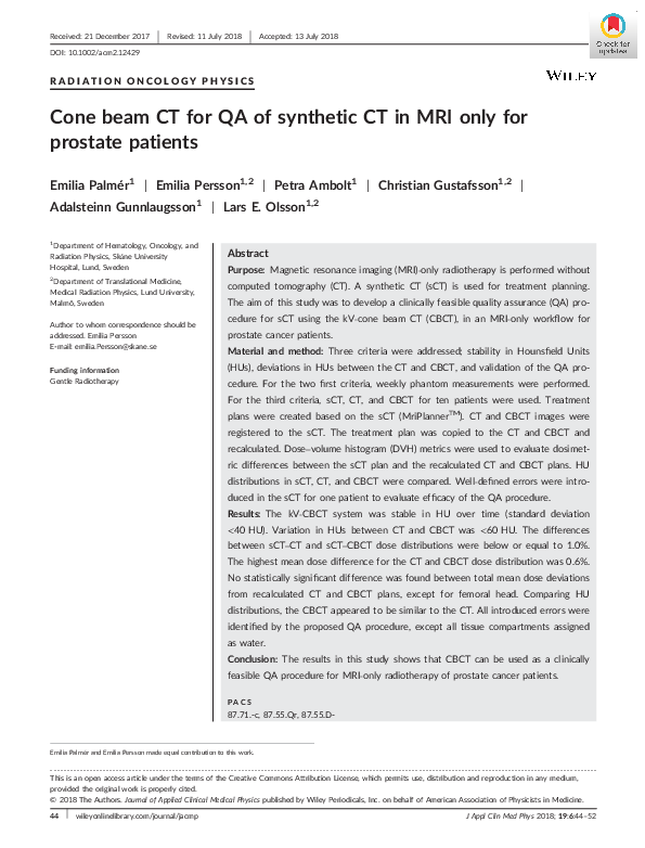 (PDF) Cone beam CT for QA of synthetic CT in MRI only for prostate patients