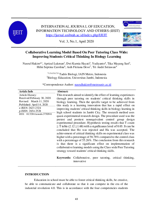 (PDF) Collaborative Learning Model Based On Peer Tutoring Class Wide ...
