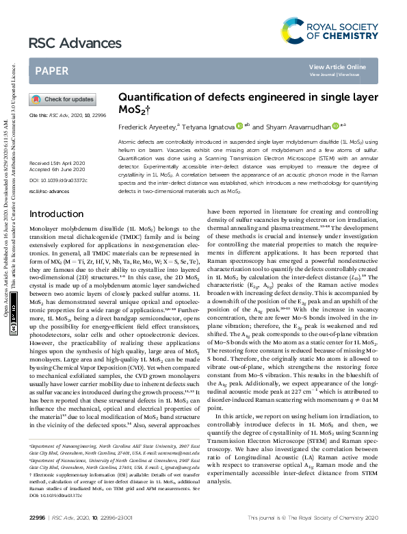 (PDF) Quantification of defects engineered in single layer MoS2