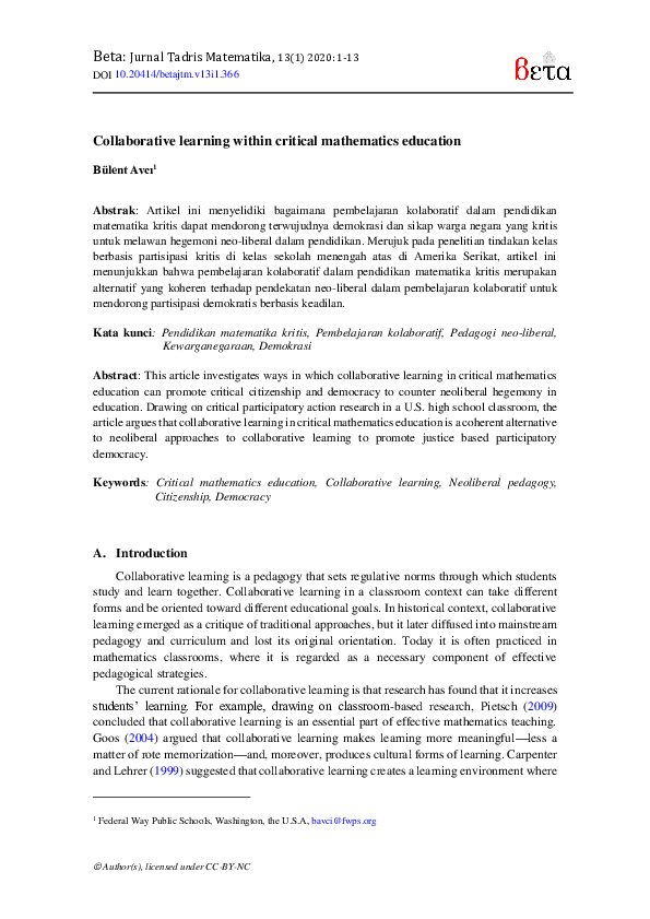 (PDF) Collaborative learning within critical mathematics education