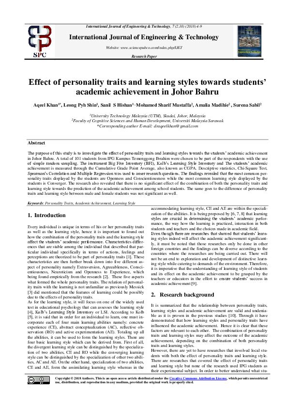 (PDF) Effect of personality traits and learning styles towards students ...