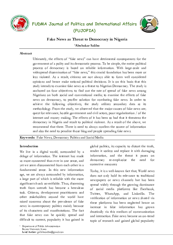 (PDF) Fake News as Threat to Democracy in Nigeria