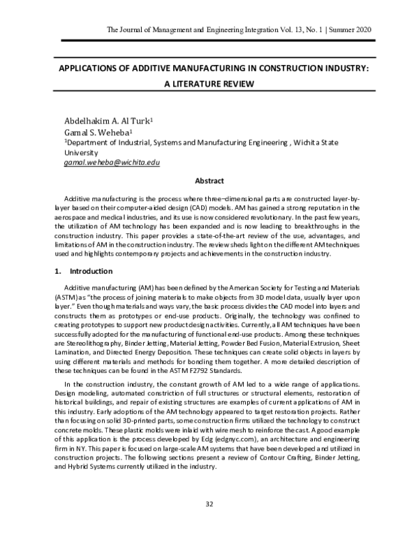 (PDF) APPLICATIONS OF ADDITIVE MANUFACTURING IN CONSTRUCTION INDUSTRY ...