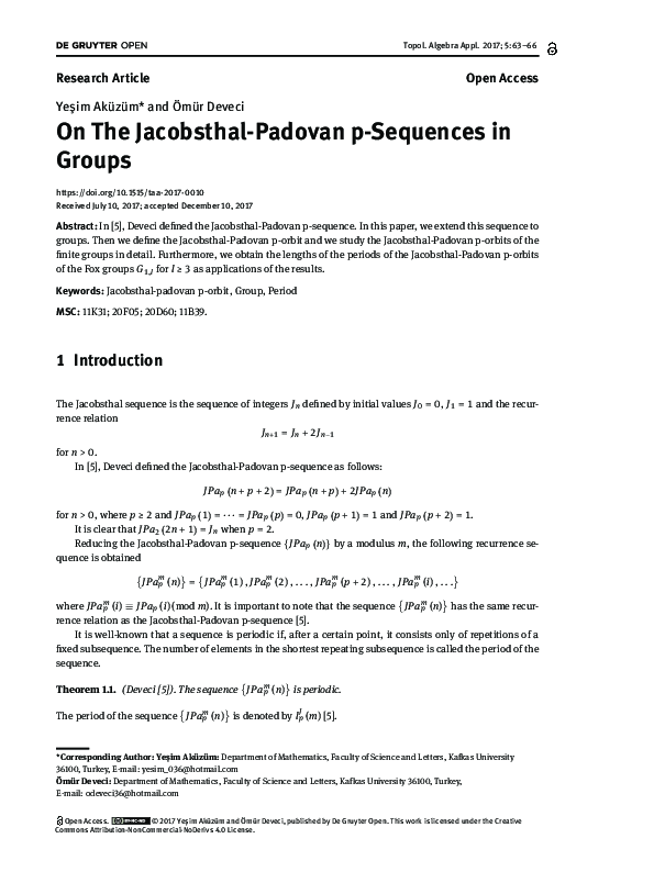 (PDF) Jacobsthal-Padovan p-Sequences in Groups