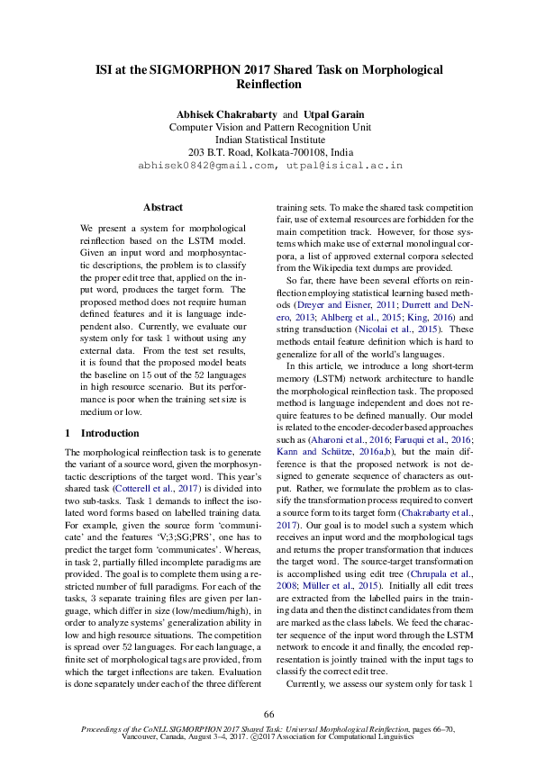 (PDF) ISI at the SIGMORPHON 2017 Shared Task on Morphological Reinflection