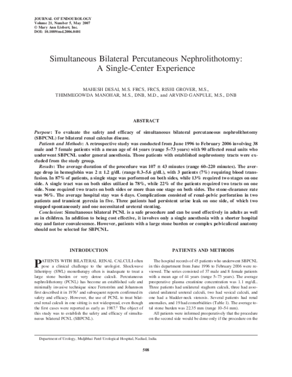 (PDF) Simultaneous bilateral percutaneous nephrolithotomy in children
