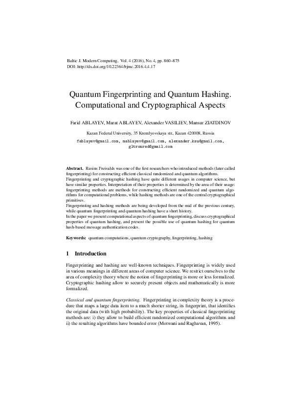 (PDF) Quantum Fingerprinting and Quantum Hashing. Computational and ...