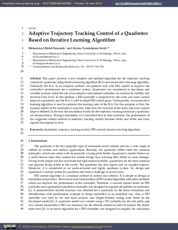 (PDF) Adaptive Trajectory Tracking Control of a Quadrotor Based on ...