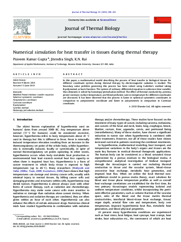 (PDF) Numerical simulation for heat transfer in tissues during thermal ...