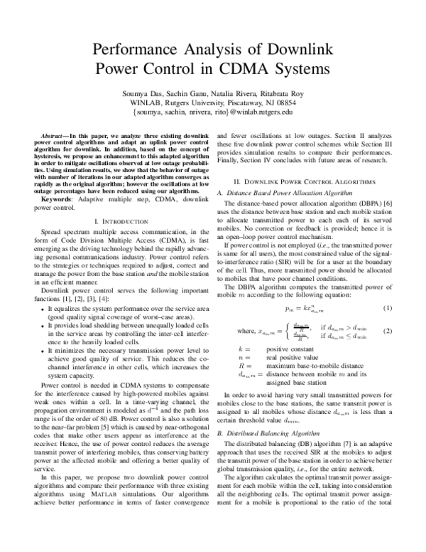 (PDF) Performance Analysis of Downlink Power Control in CDMA Systems
