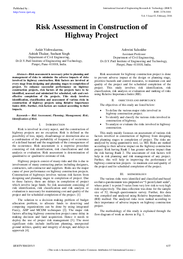(PDF) Risk Assessment in Construction of Highway Project