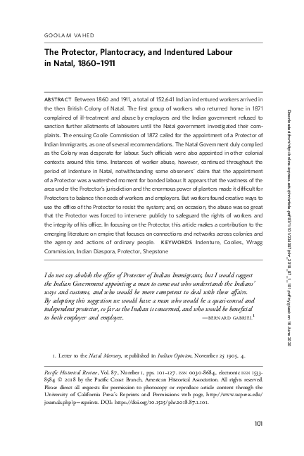 (PDF) The Protector, Plantocracy, and Indentured Labour in Natal, 1860–1911