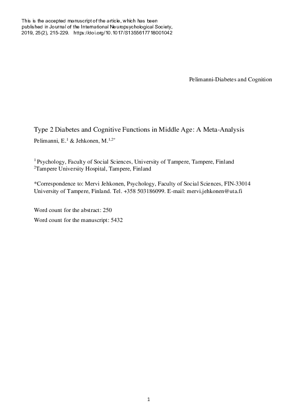 (PDF) Type 2 Diabetes and Cognitive Functions in Middle Age: A Meta ...