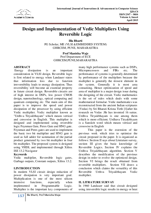 (PDF) Design and Implementation of Vedic Multipliers Using Reversible Logic