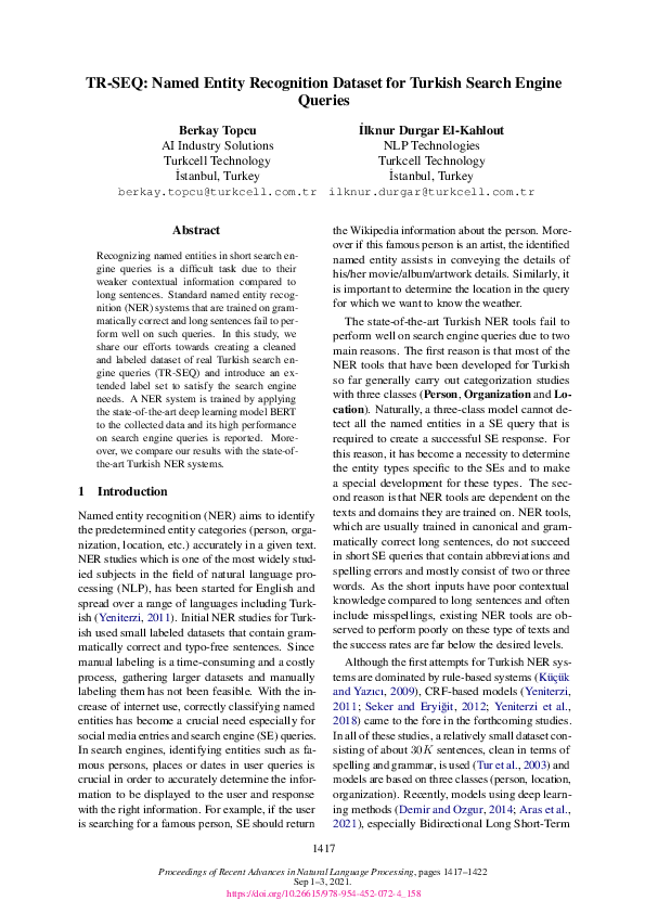 (PDF) TR-SEQ: Named Entity Recognition Dataset for Turkish Search ...