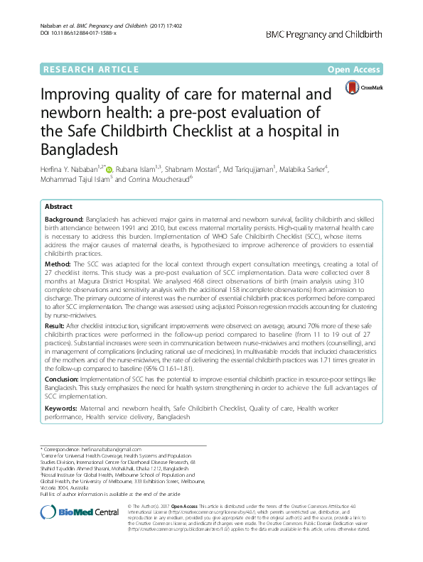 (PDF) Improving Quality of Care for Maternal and Newborn Health ...