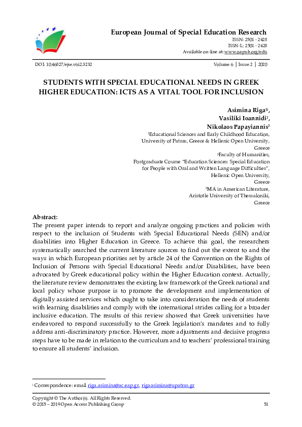 (PDF) Students with Special Educational Needs in Greek Higher Education ...