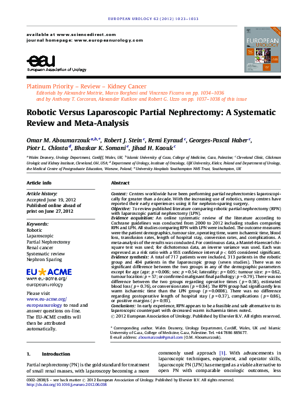 (PDF) Robotic Versus Laparoscopic Partial Nephrectomy for Complex ...