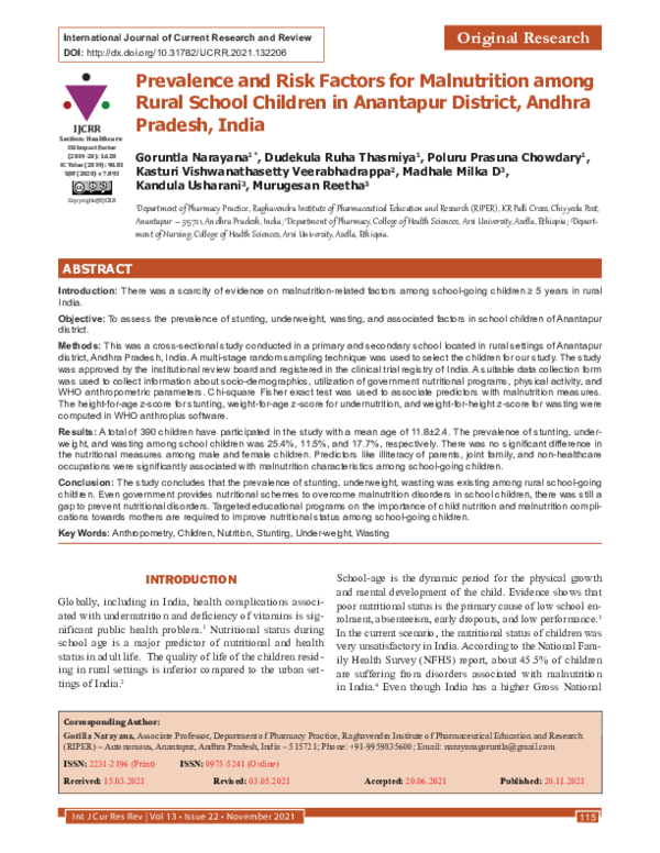 (PDF) Prevalence and Risk Factors for Malnutrition among Rural School ...